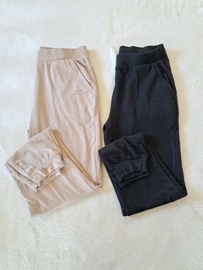 Set Of 2 Lazy Pants Joggers High Waist Casual Knit Pants Black Beige Medium